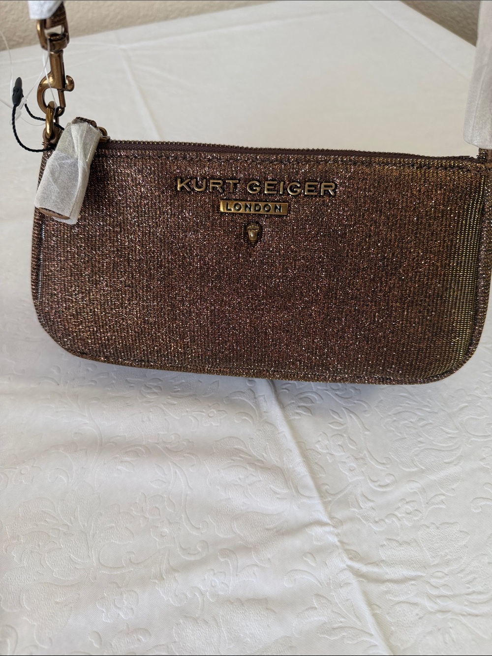 Kurt Geiger Brown Glitter Wristlet Clutch with Gold Hardware NWT